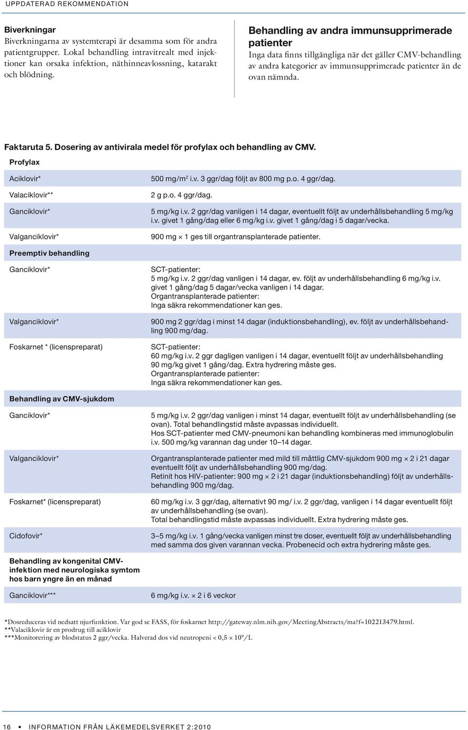 Behandling av andra immunsupprimerade patienter Inga data finns tillgängliga när det gäller CMV-behandling av andra kategorier av immunsupprimerade patienter än de ovan nämnda. Faktaruta 5.