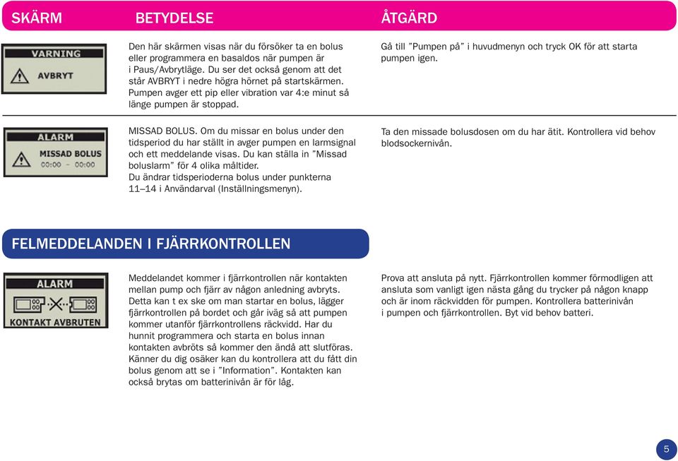 Gå till Pumpen på i huvudmenyn och tryck OK för att starta pumpen igen. MISSAD BOLUS. Om du missar en bolus under den tidsperiod du har ställt in avger pumpen en larmsignal och ett meddelande visas.