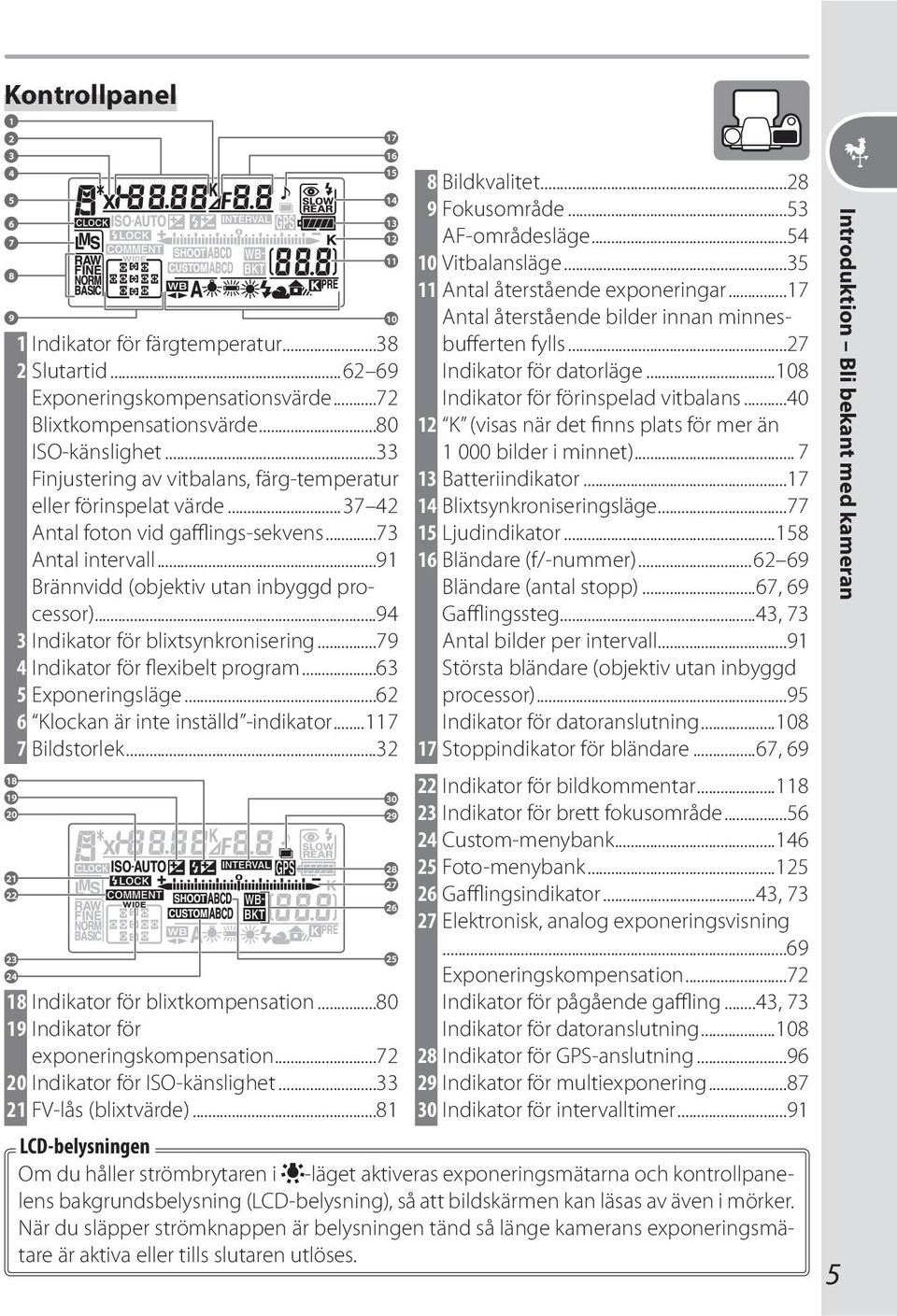 ..94 3 Indikator för blixtsynkronisering...79 4 Indikator för flexibelt program...63 5 Exponeringsläge...62 6 Klockan är inte inställd -indikator...117 7 Bildstorlek.