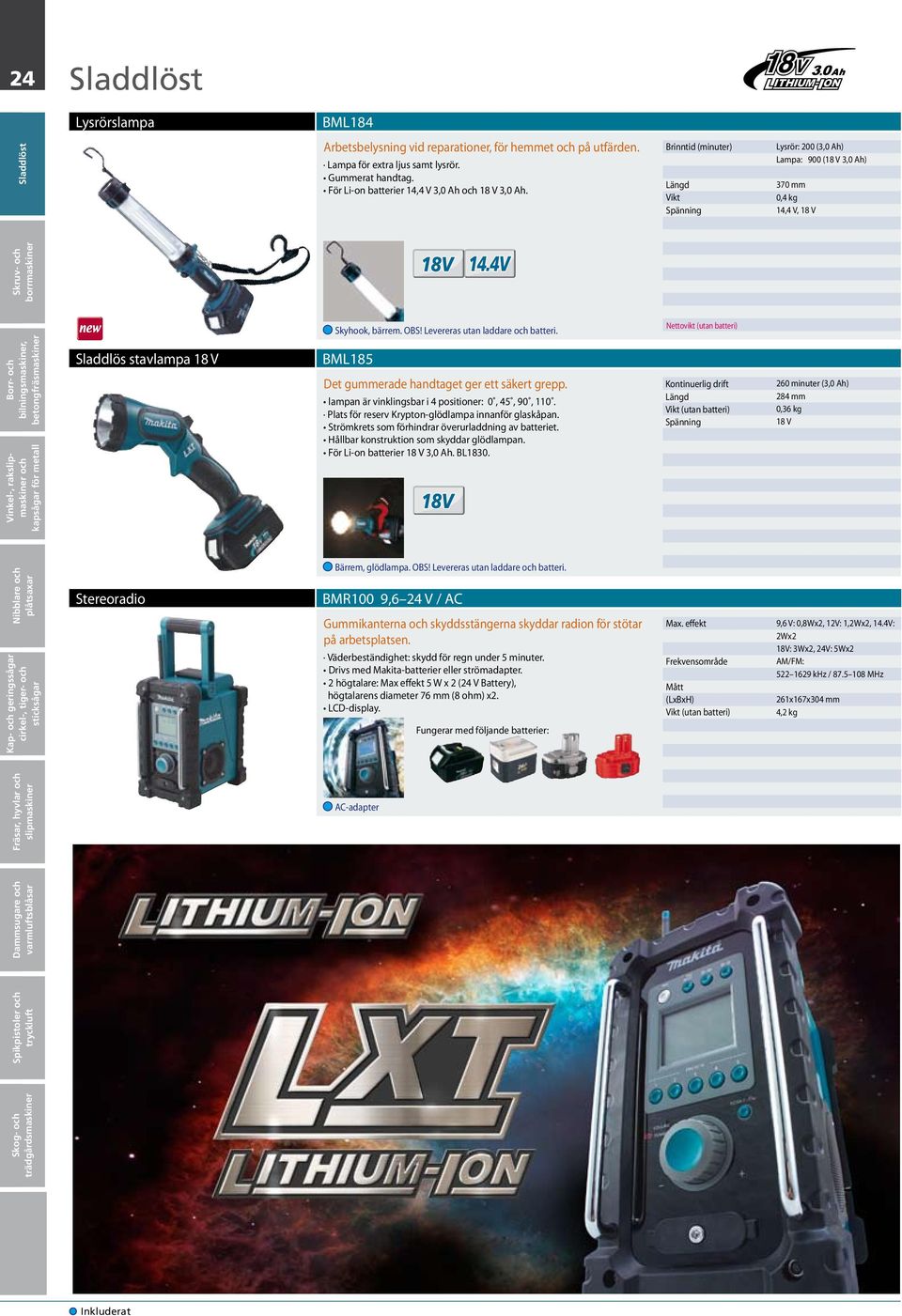 Levereras utan laddare batteri Nettovikt (utan batteri) Vinkel-, rak Sladdlös stavlampa BML185 Det gummerade handtaget ger ett säkert grepp lampan är vinklingsbar i 4 positioner: 0, 45, 90, 110 Plats