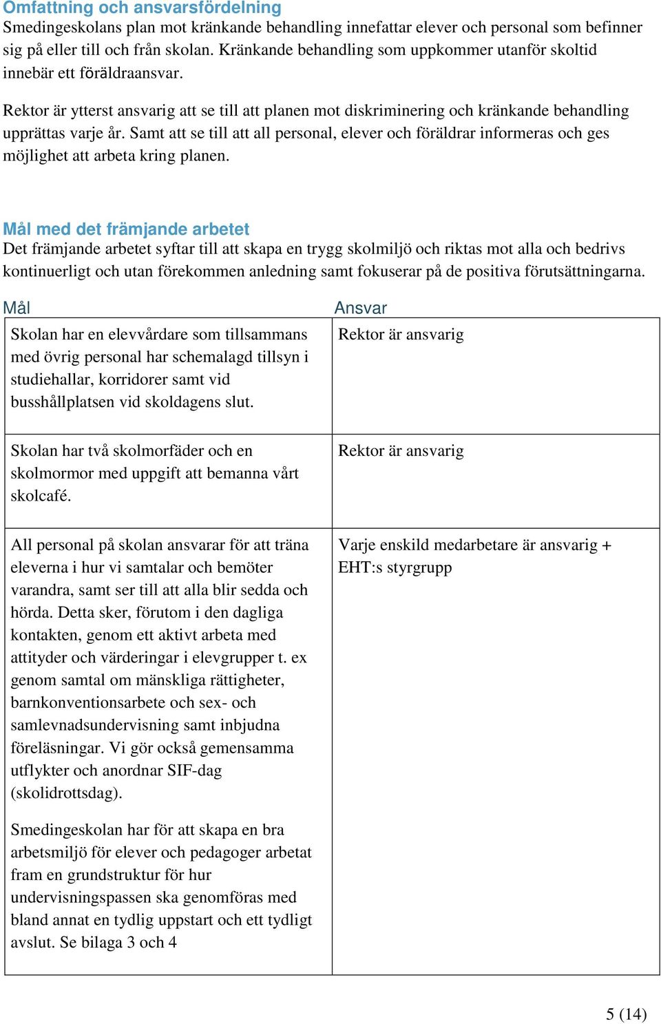 Samt att se till att all personal, elever och föräldrar informeras och ges möjlighet att arbeta kring planen.