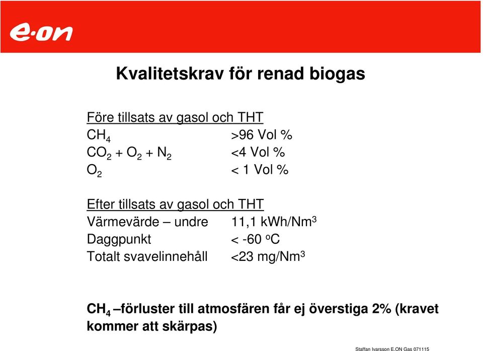 Värmevärde undre 11,1 kwh/nm 3 Daggpunkt < -60 o C Totalt svavelinnehåll <23