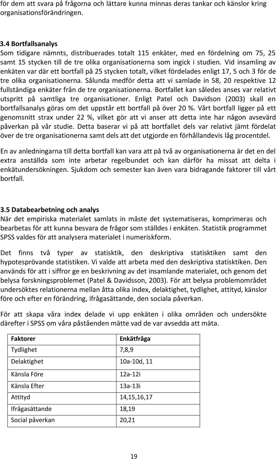 Vid insamling av enkäten var där ett bortfall på 25 stycken totalt, vilket fördelades enligt 17, 5 och 3 för de tre olika organisationerna.