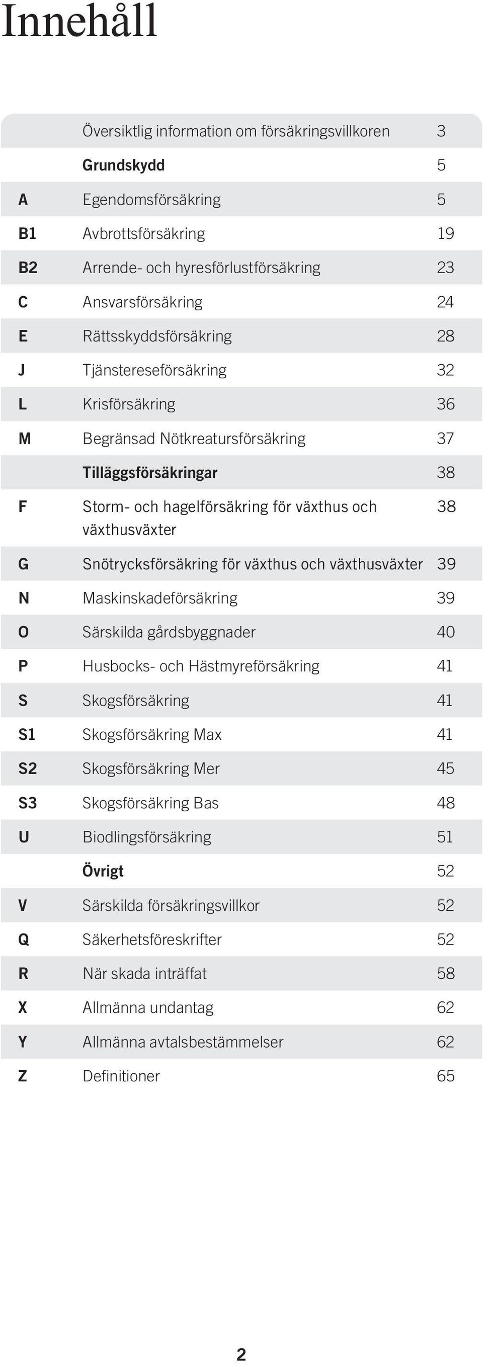 Snötrycksförsäkring för växthus och växthusväxter 39 N Maskinskadeförsäkring 39 O Särskilda gårdsbyggnader 40 P Husbocks- och Hästmyreförsäkring 41 S Skogsförsäkring 41 S1 Skogsförsäkring Max 41 S2