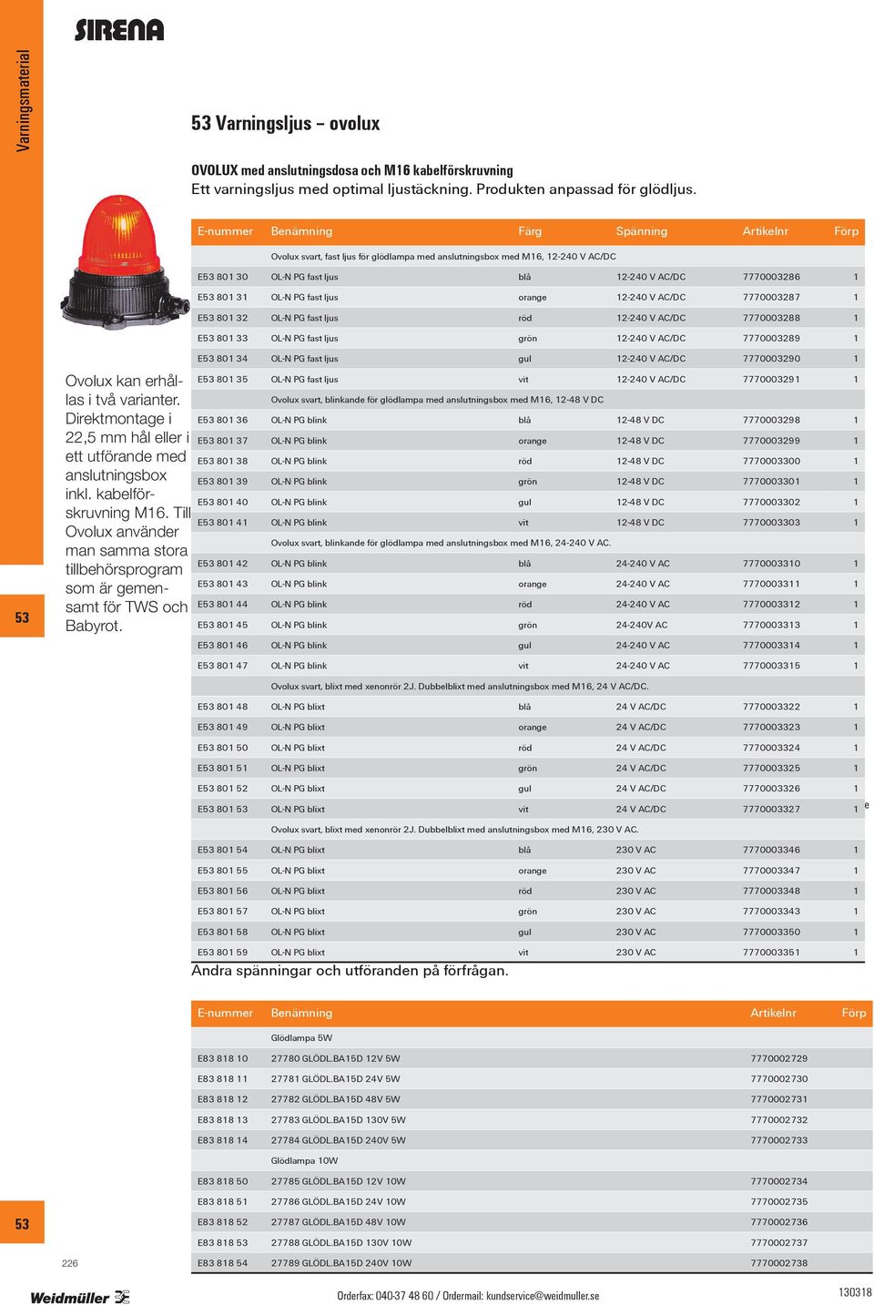 OL-N PG fast ljus orange 12-240 V AC/DC 7770003287 1 E 801 32 OL-N PG fast ljus röd 12-240 V AC/DC 7770003288 1 E 801 33 OL-N PG fast ljus grön 12-240 V AC/DC 7770003289 1 Ovolux kan erhållas i två