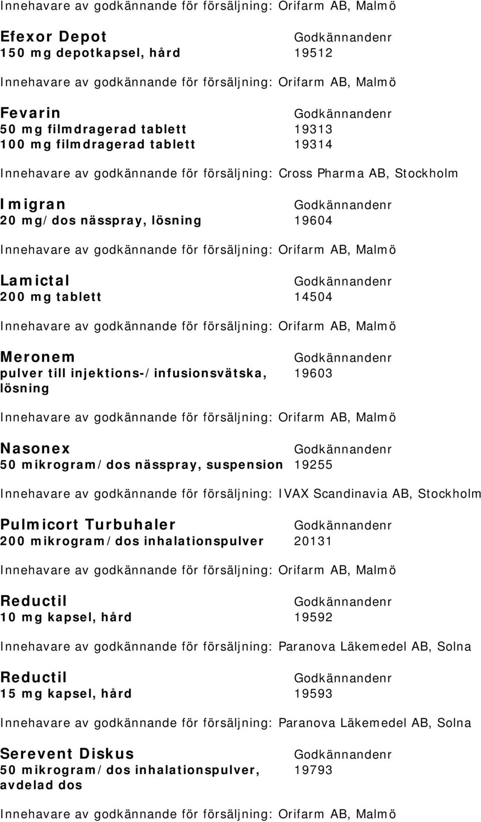 godkännande för försäljning: IVAX Scandinavia AB, Stockholm Pulmicort Turbuhaler 200 mikrogram/dos inhalationspulver 20131 Reductil 10 mg kapsel, hård 19592 Innehavare av godkännande för