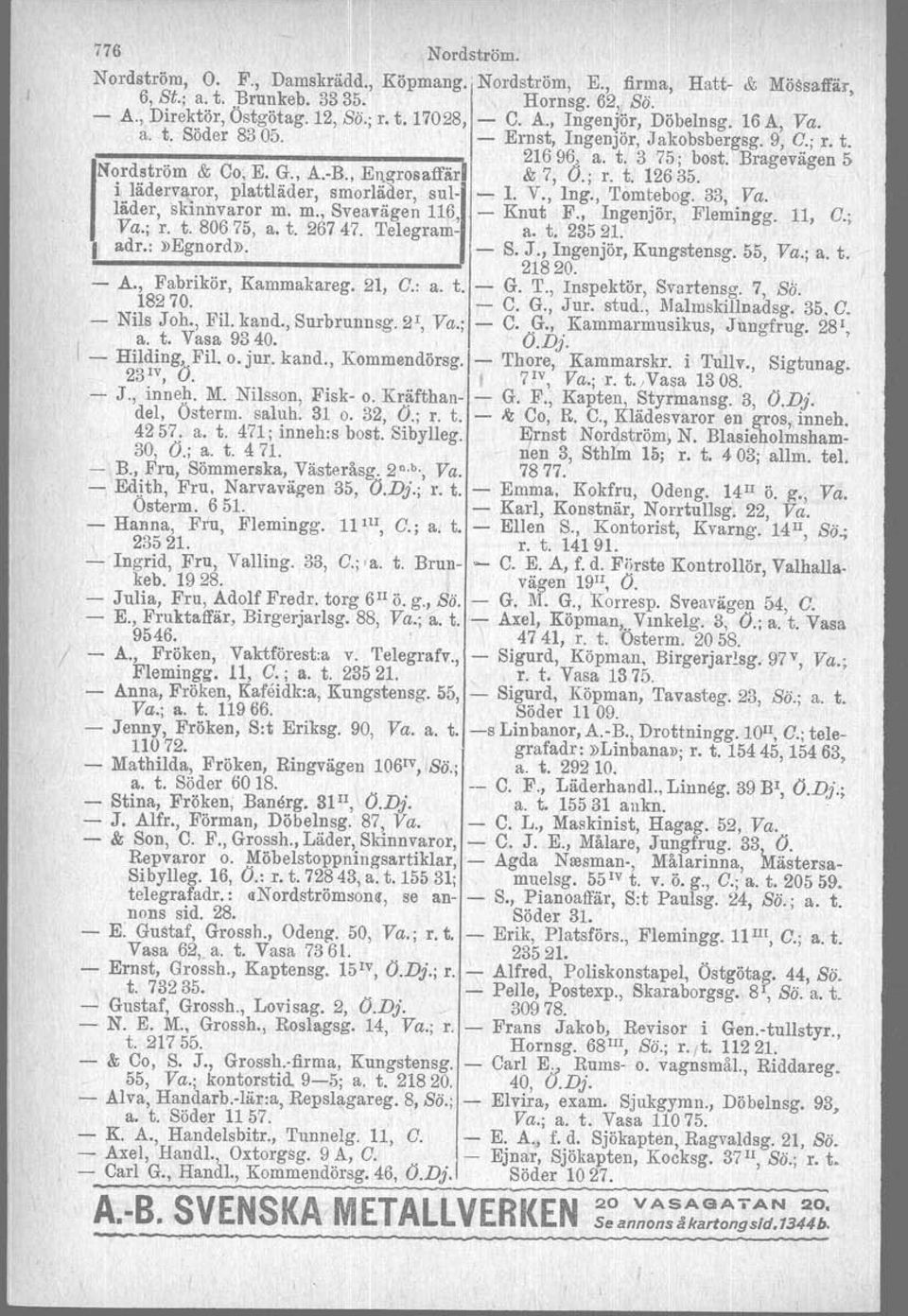 ilädervaror, plattläder, smorläder, sull 1. V., Ing., Tomtebog. 33, Va. läder,skinnvaror m. m., Sveavägen 116, Knut F., Ingenjör, Flemingg. 11, C.; Va.; r. t. 80675, a. t. 26747. Telegram a. t. 23521.