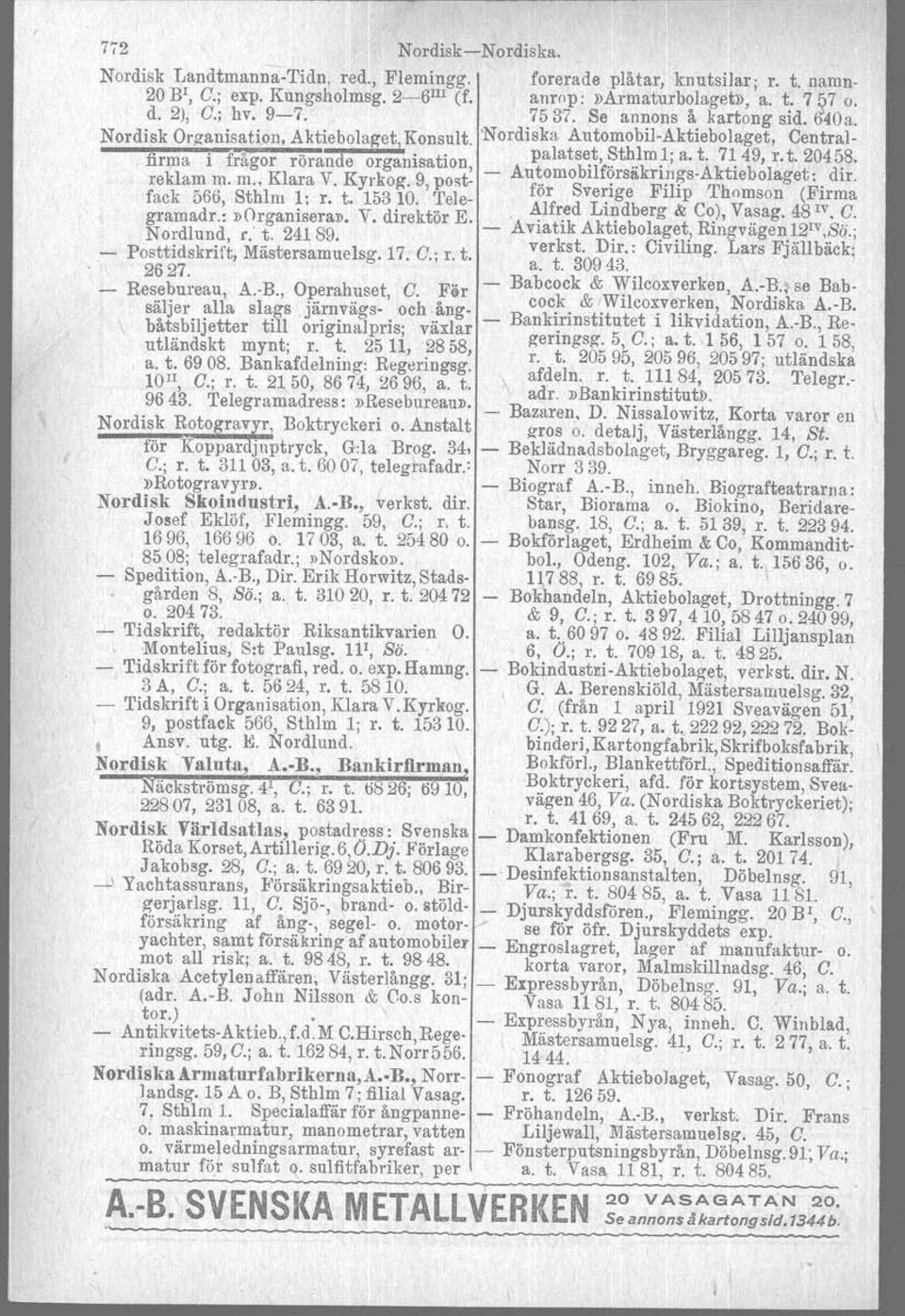 ~{t\g~I~;~;:04~~: reklam ~. m., Klara V. Kyrkog. 9, post för Sverige Filip Thomson (Firma fack 566, Sthlm ~j r. t. 153.10. :!,ele Alfred Lindberg & Co), Vasag. 48 IV,C. gramadr.:»organisera». V. direktör E'Aviatik Aktiebolaget, Ringvägen 12IV,Sö.