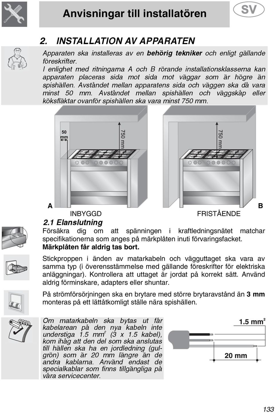 Avståndet mellan apparatens sida och väggen ska då vara minst 50 mm. Avståndet mellan spishällen och väggskåp eller köksfläktar ovanför spishällen ska vara minst 750 mm. A B INBYGGD FRISTÅENDE.