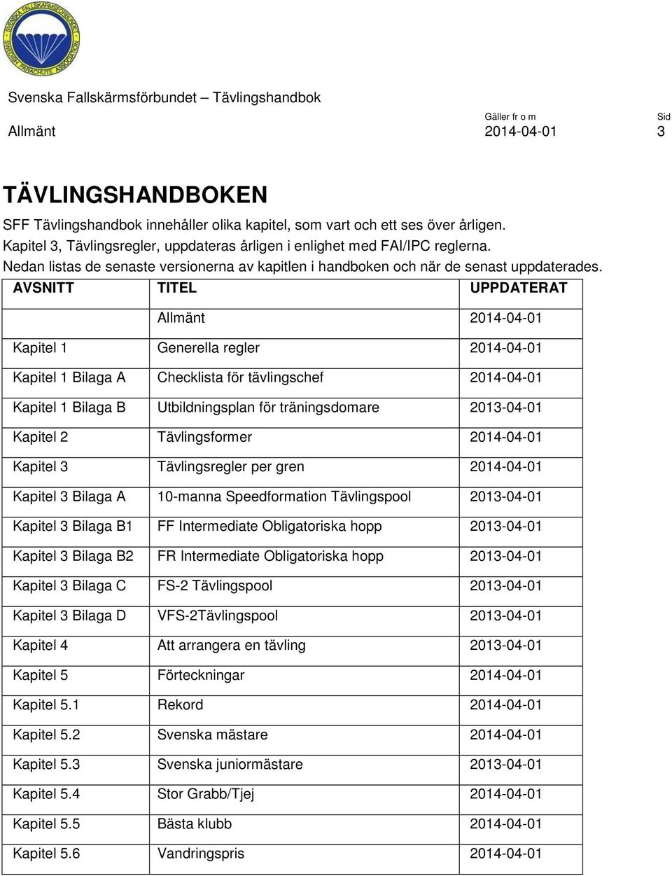 AVSNITT TITEL UPPDATERAT Allmänt 2014-04-01 Kapitel 1 Generella regler 2014-04-01 Kapitel 1 Bilaga A Checklista för tävlingschef 2014-04-01 Kapitel 1 Bilaga B Utbildningsplan för träningsdomare