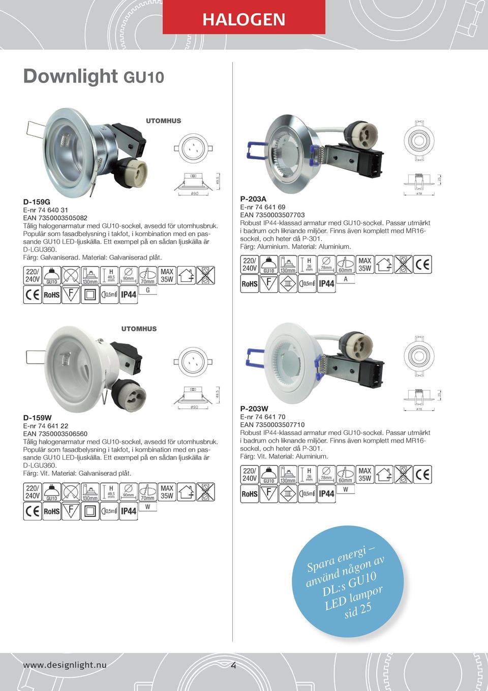 P-203A E-nr 74 641 69 EAN 7350003507703 Robust IP44-klassad armatur med GU10-sockel. Passar utmärkt i badrum och liknande miljöer. Finns även komplett med MR16- sockel, och heter då P-301.