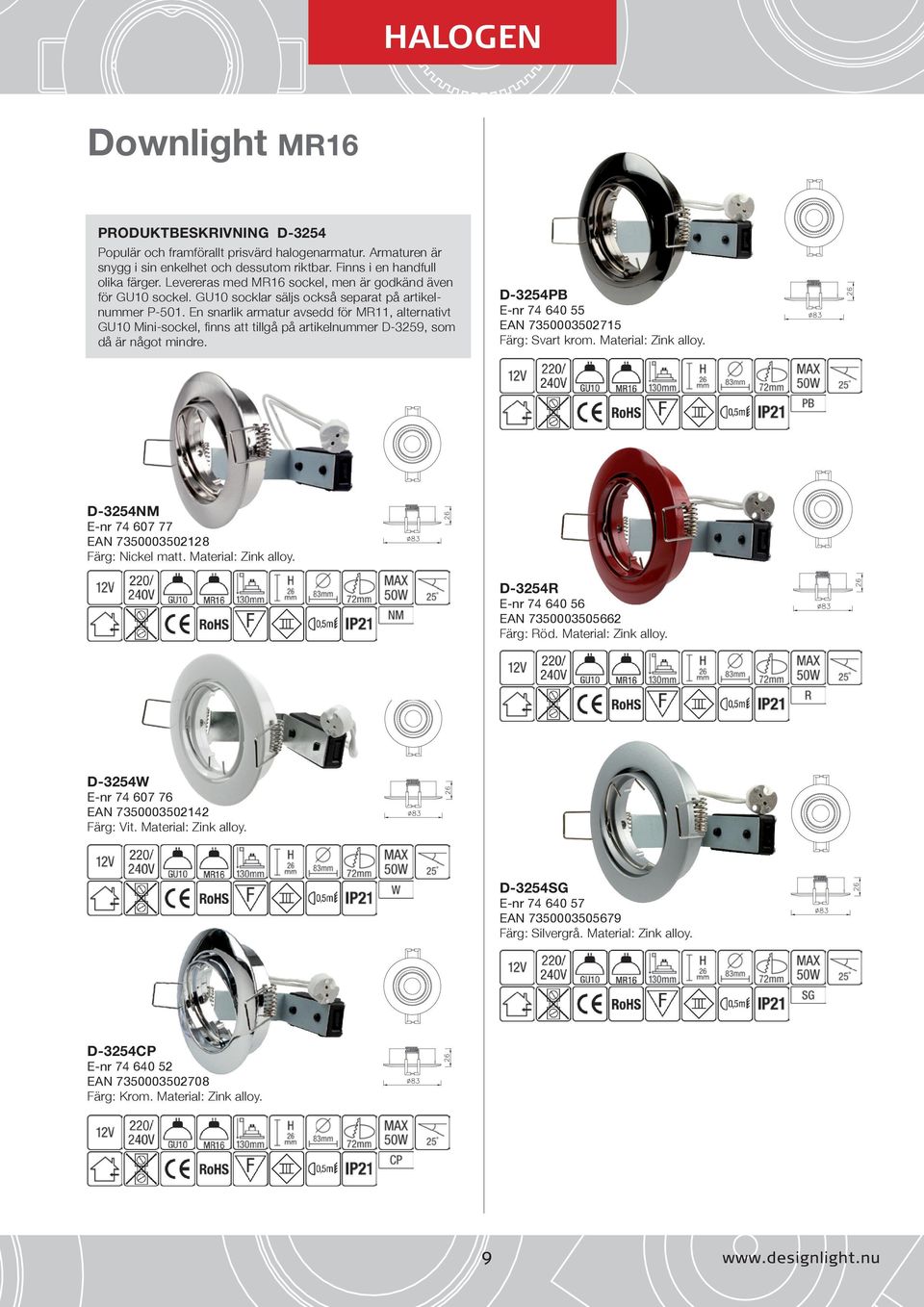 En snarlik armatur avsedd för MR11, alternativt GU10 Mini-sockel, finns att tillgå på artikelnummer D-3259, som då är något mindre. D-3254PB E-nr 74 640 55 EAN 7350003502715 Färg: Svart krom.