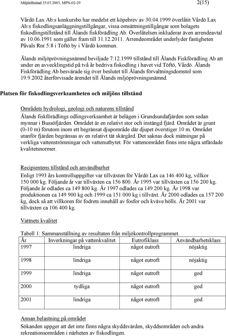 Överlåtelsen inkluderar även arrendeavtal av 10.06.1991 som gäller fram till 31.12.2011. Arrendeområdet underlyder fastigheten Påvals Rnr 5:8 i Töftö by i Vårdö kommun.