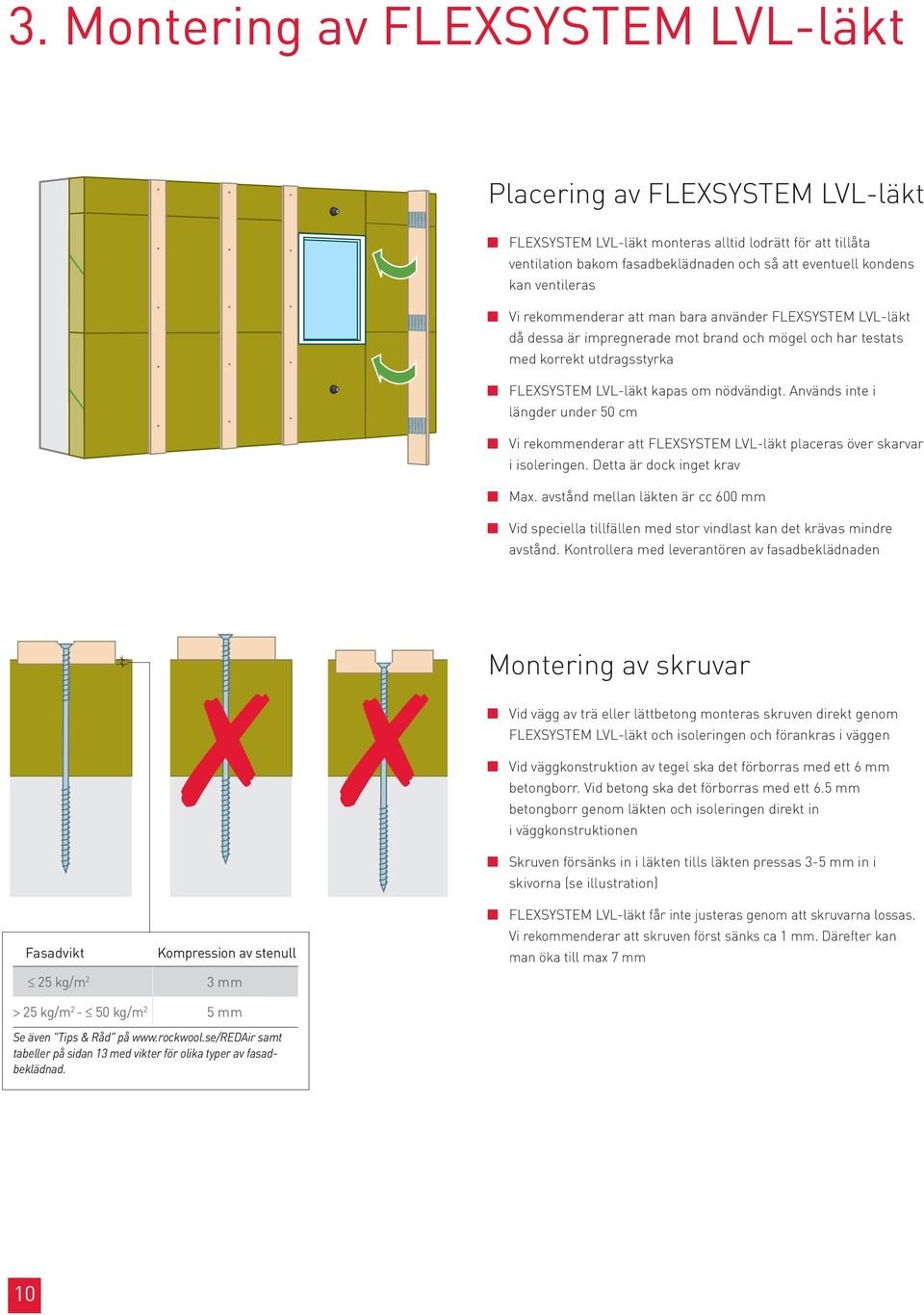 Används inte i längder under 50 cm Vi rekommenderar att FLEXSYSTEM LVL-läkt placeras över skarvar i isoleringen. Detta är dock inget krav Max.