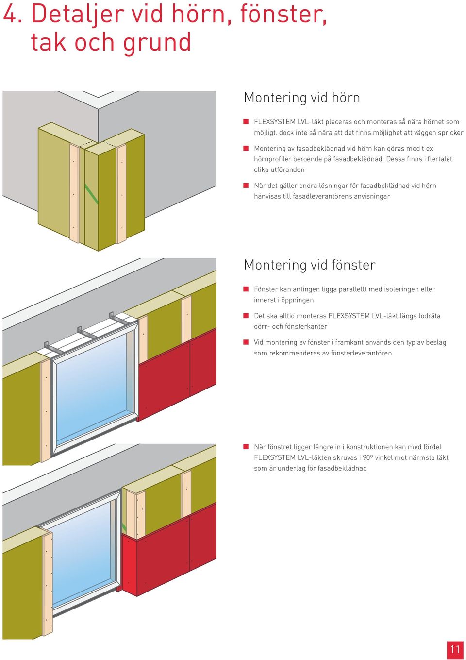 Dessa finns i flertalet olika utföranden När det gäller andra lösningar för fasadbeklädnad vid hörn hänvisas till fasadleverantörens anvisningar Montering vid fönster Fönster kan antingen ligga