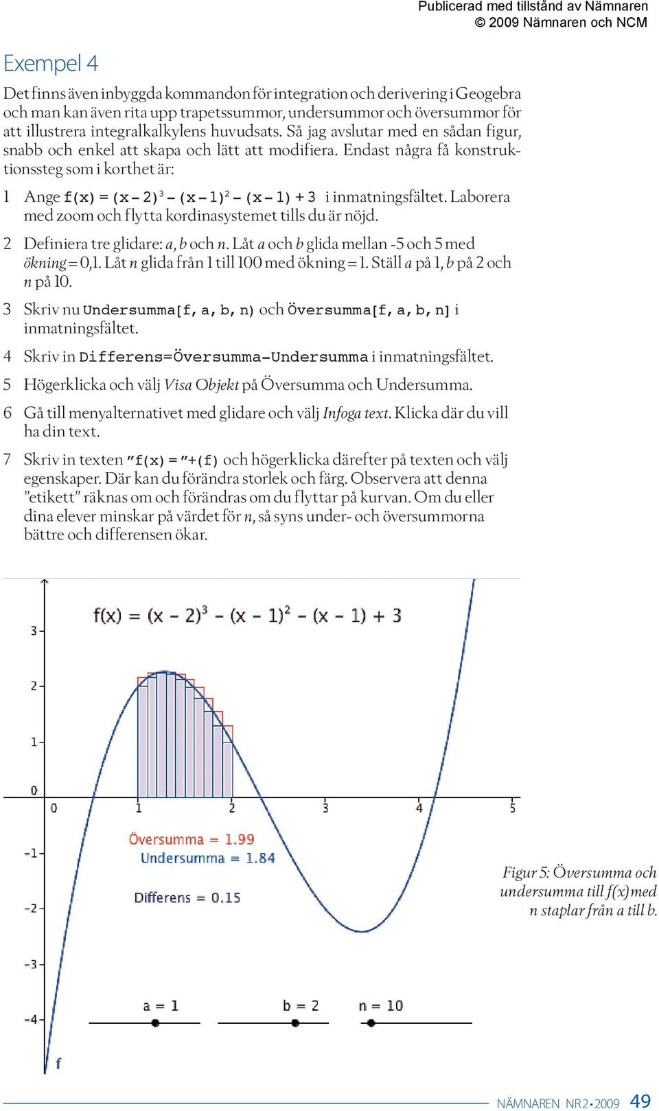 Endast några få konstruktionssteg som i korthet är: 1 Ange f(x) = (x - 2) 3 -(x - 1) 2 -(x - 1) + 3 i inmatningsfältet. Laborera med zoom och flytta kordinasystemet tills du är nöjd.