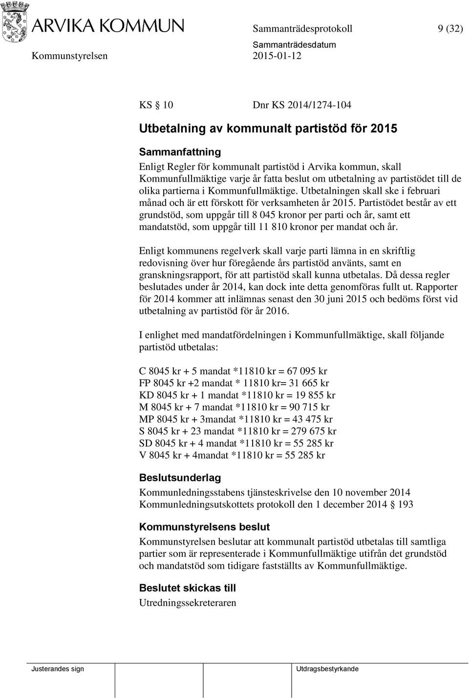 Partistödet består av ett grundstöd, som uppgår till 8 045 kronor per parti och år, samt ett mandatstöd, som uppgår till 11 810 kronor per mandat och år.