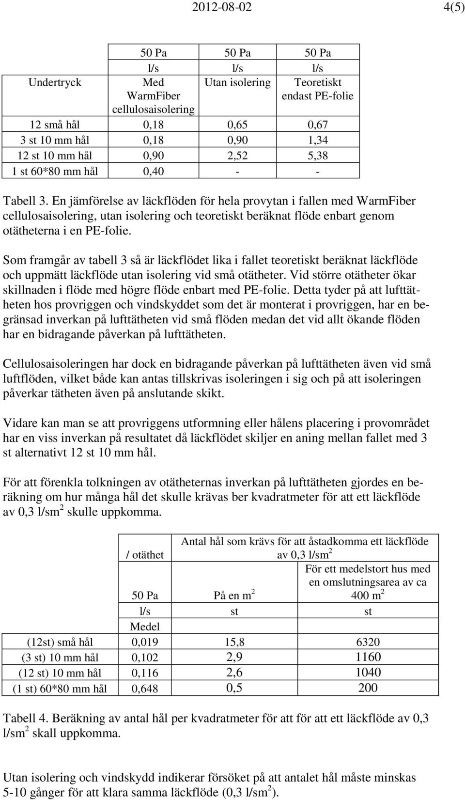 En jämförelse av läckflöden för hela provytan i fallen med WarmFiber cellulosaisolering, utan isolering och teoretiskt beräknat flöde enbart genom otätheterna i en PE-folie.