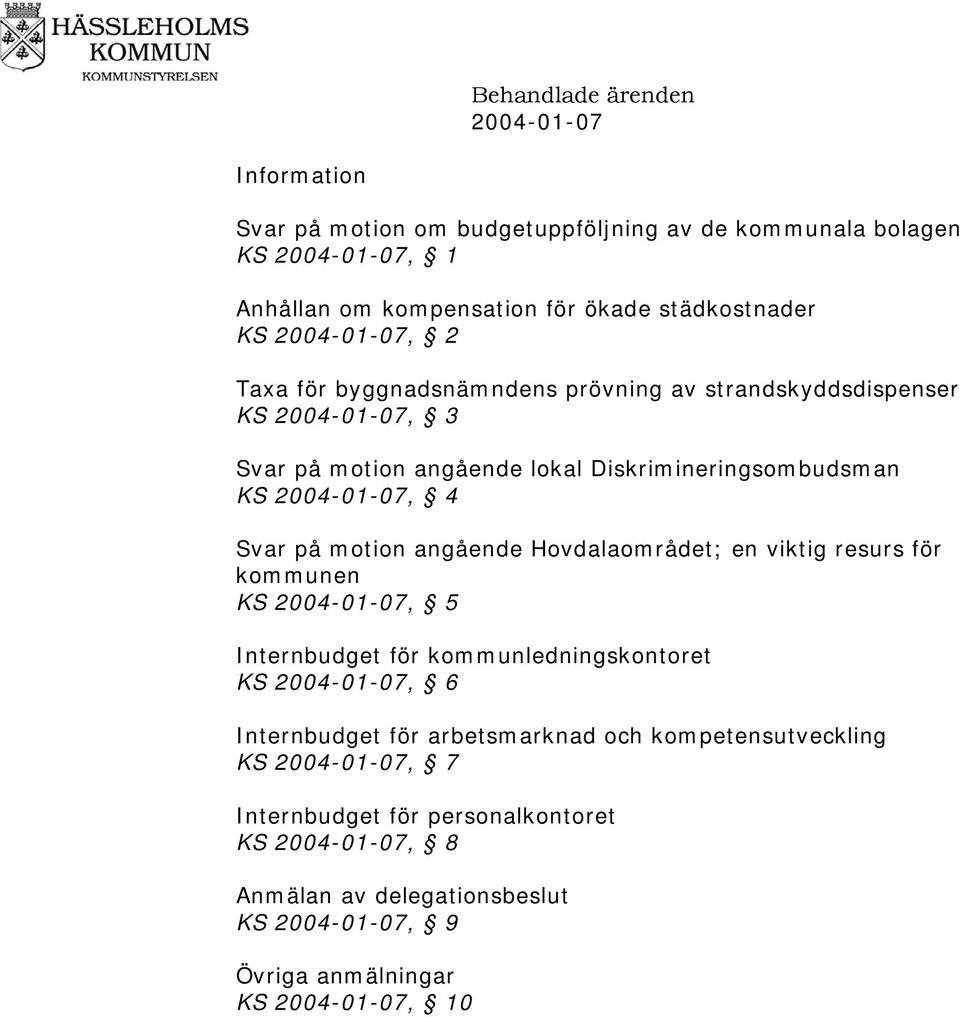 2004-01-07, 4 Svar på motion angående Hovdalaområdet; en viktig resurs för kommunen KS 2004-01-07, 5 Internbudget för kommunledningskontoret KS