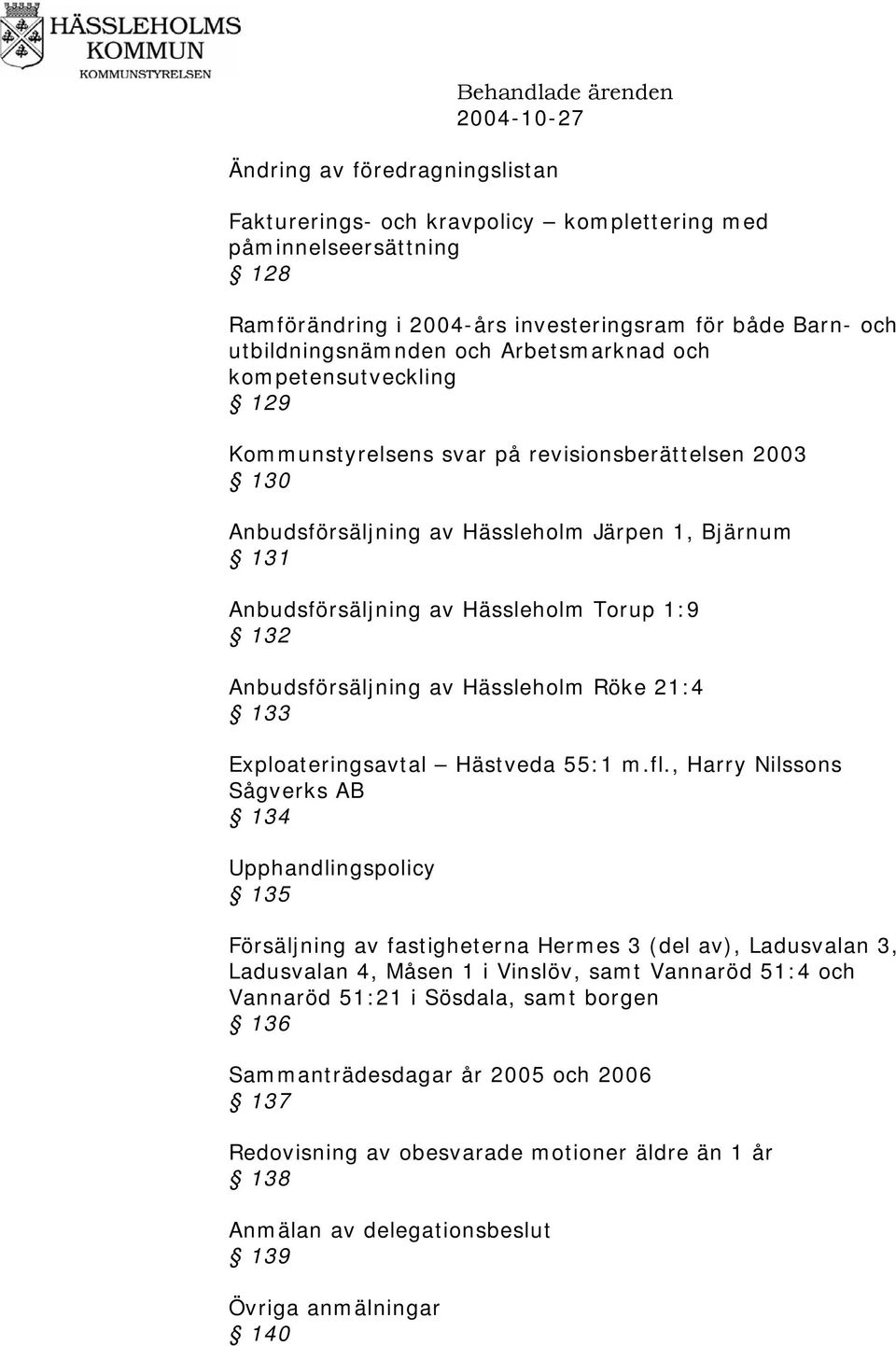 Hässleholm Torup 1:9 132 Anbudsförsäljning av Hässleholm Röke 21:4 133 Exploateringsavtal Hästveda 55:1 m.fl.