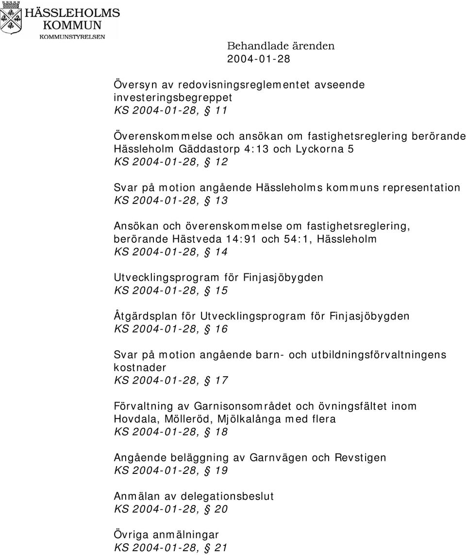 2004-01-28, 14 Utvecklingsprogram för Finjasjöbygden KS 2004-01-28, 15 Åtgärdsplan för Utvecklingsprogram för Finjasjöbygden KS 2004-01-28, 16 Svar på motion angående barn- och