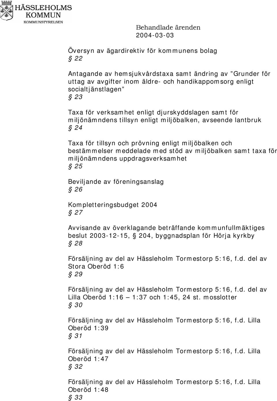 miljöbalken samt taxa för miljönämndens uppdragsverksamhet 25 Beviljande av föreningsanslag 26 Kompletteringsbudget 2004 27 Avvisande av överklagande beträffande kommunfullmäktiges beslut 2003-12-15,