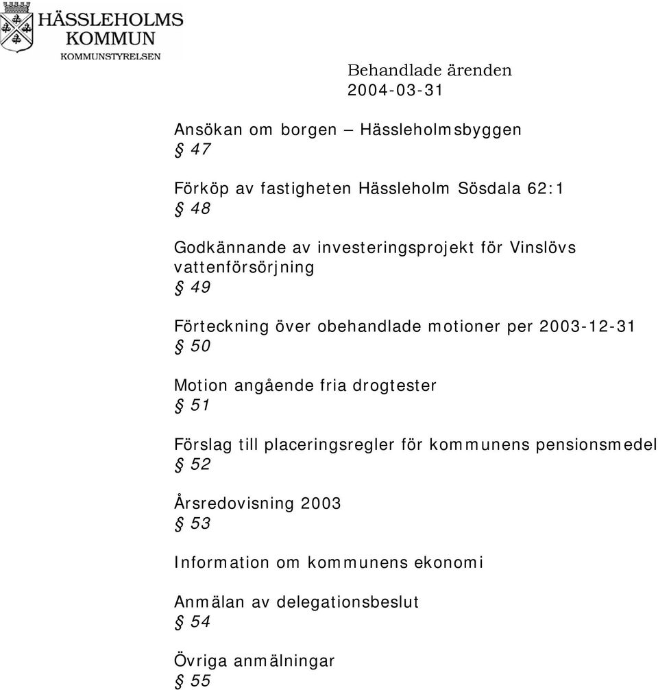 obehandlade motioner per 2003-12-31 50 Motion angående fria drogtester 51 Förslag till