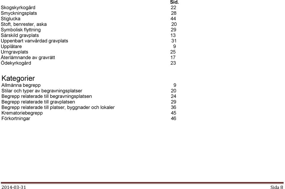 begrepp 9 Stilar och typer av begravningsplatser 20 Begrepp relaterade till begravningsplatsen 24 Begrepp relaterade till