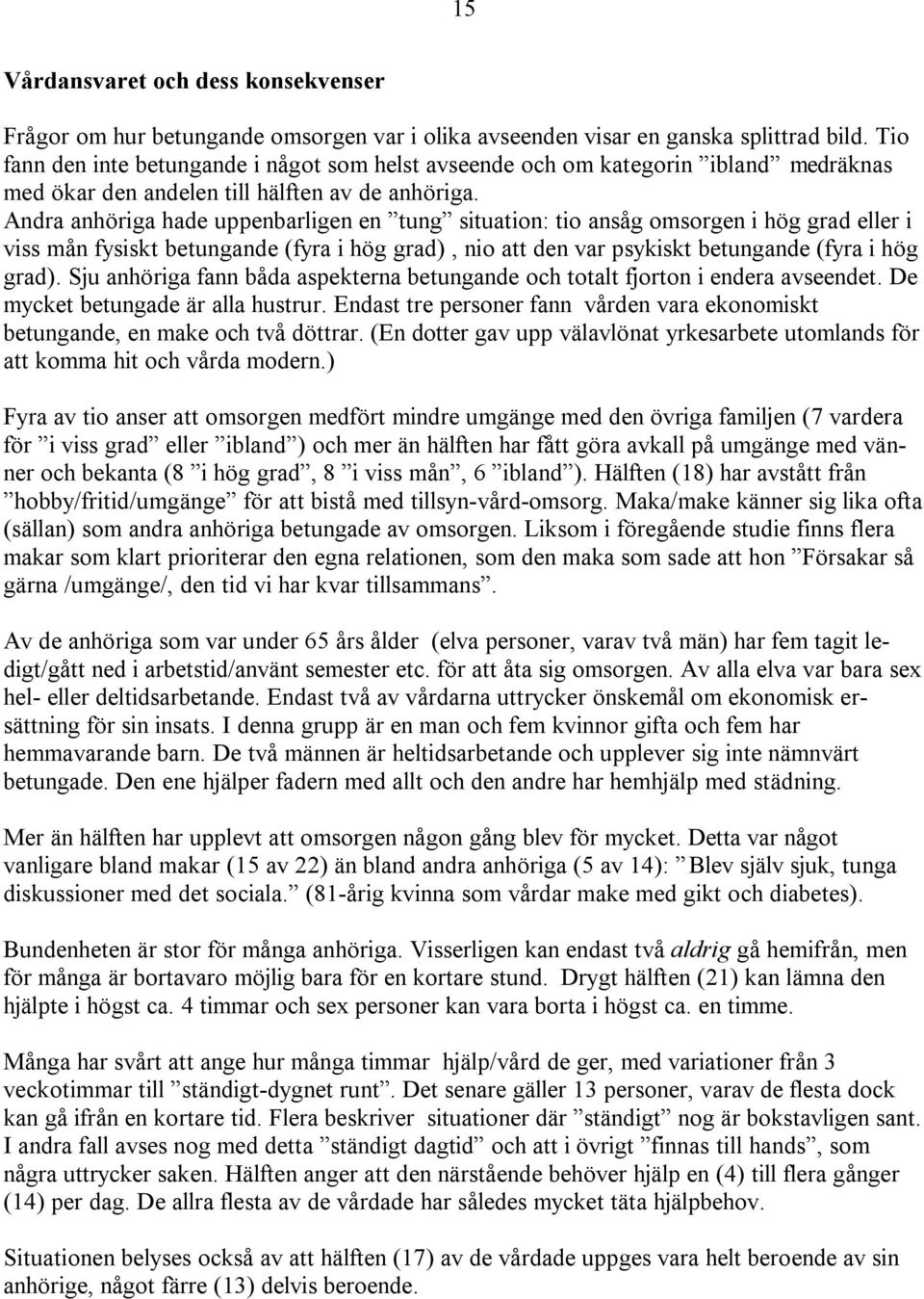 Andra anhöriga hade uppenbarligen en tung situation: tio ansåg omsorgen i hög grad eller i viss mån fysiskt betungande (fyra i hög grad), nio att den var psykiskt betungande (fyra i hög grad).