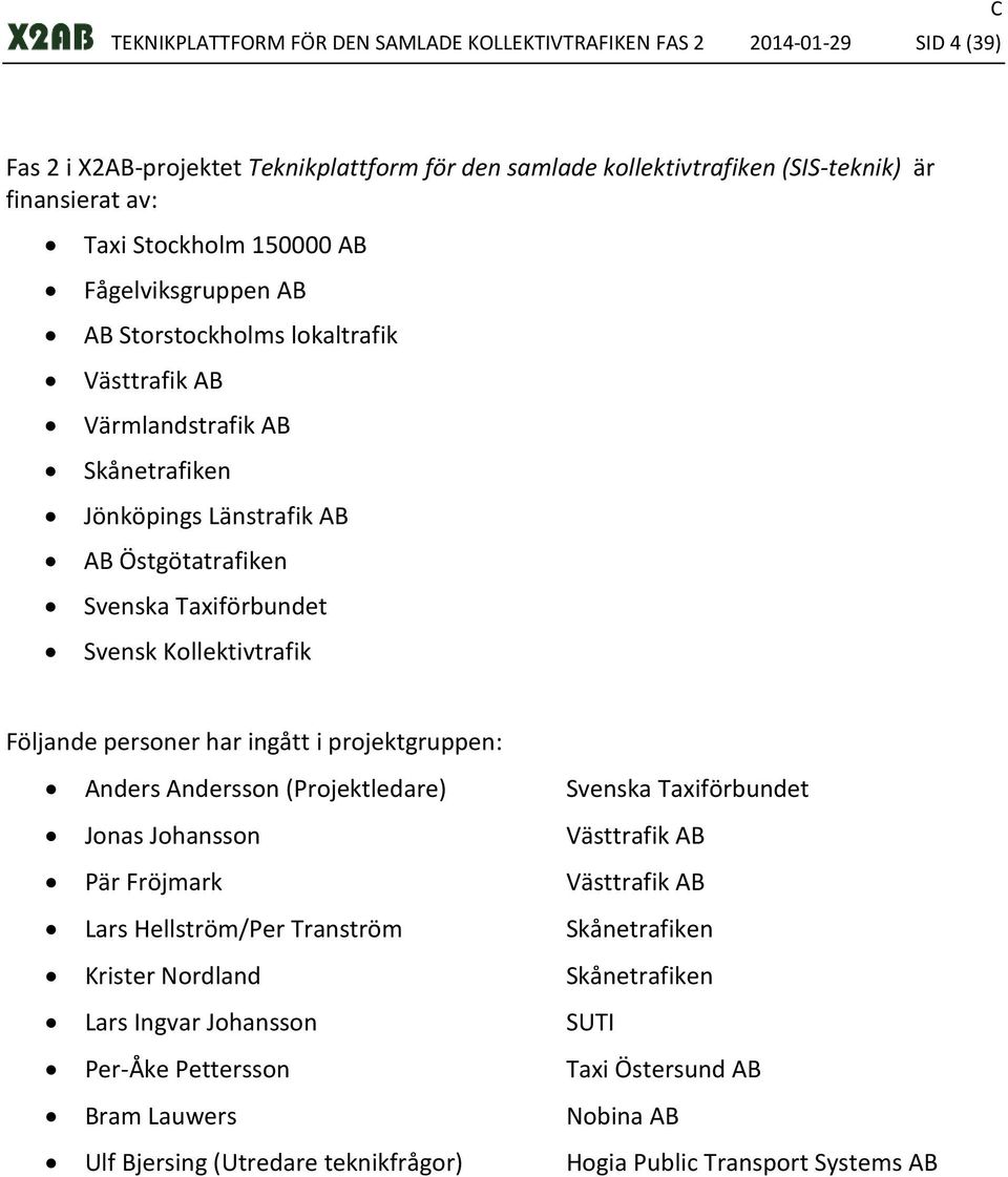 Kollektivtrafik Följande personer har ingått i projektgruppen: Anders Andersson (Projektledare) Svenska Taxiförbundet Jonas Johansson Västtrafik AB Pär Fröjmark Västtrafik AB Lars Hellström/Per