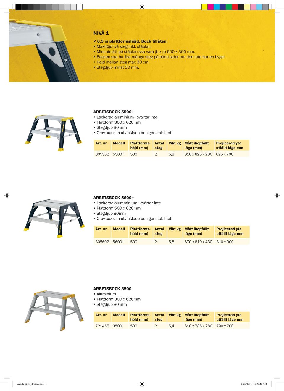 ARBETSBOCK 5500+ Lackerad aluminium - svärtar inte Plattform 300 x 60mm Stegdjup 80 mm Grov sax och utvinklade ben ger stabilitet 80550 5500+ höjd Mått ihopfällt läge 500 5,8 mm 610 x 85 x 80 85 x