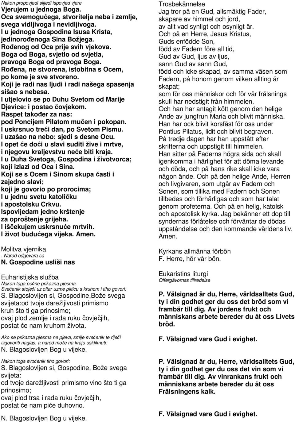 Rođena, ne stvorena, istobitna s Ocem, po kome je sve stvoreno. Koji je radi nas ljudi i radi našega spasenja sišao s nebesa. I utjelovio se po Duhu Svetom od Marije Djevice i postao čovjekom.