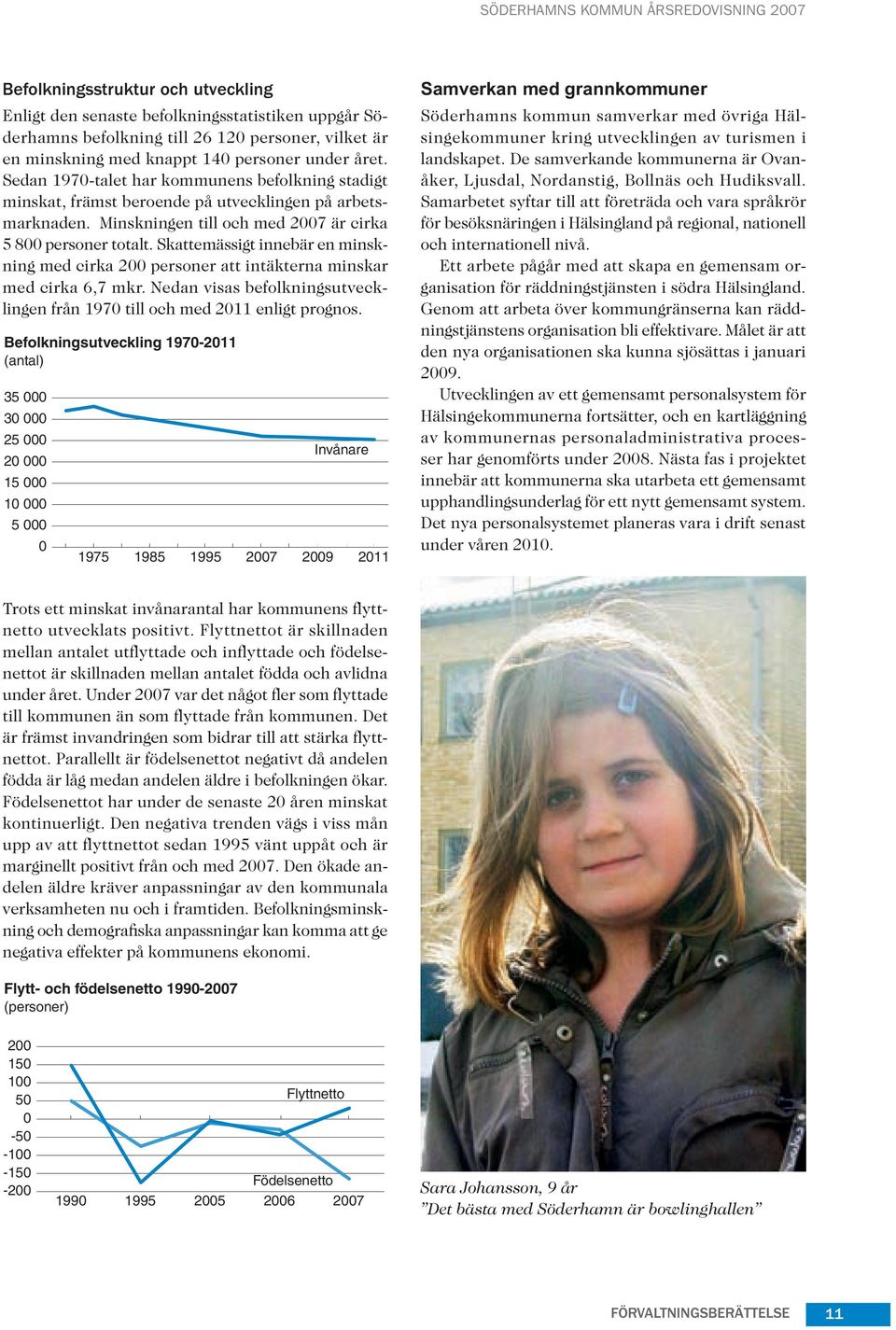 Skattemässigt innebär en minskning med cirka 200 personer att intäkterna minskar med cirka 6,7 mkr. Nedan visas befolkningsutvecklingen från 1970 till och med 2011 enligt prognos.