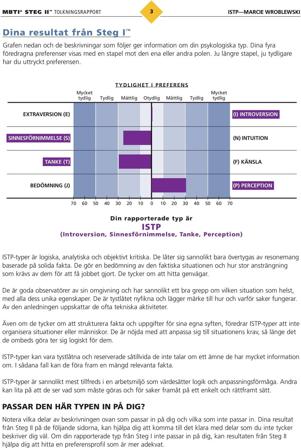 Mycket tydlig TY DL IGHET I PREF ERENS Tydlig Måttlig Otydlig Måttlig Tydlig Mycket tydlig EXTRAVERSION (E) (I) INTROVERSION SINNESFÖRNIMMELSE (S) (N) INTUITION TANKE (T) (F) KÄNSLA BEDÖMNING (J) (P)