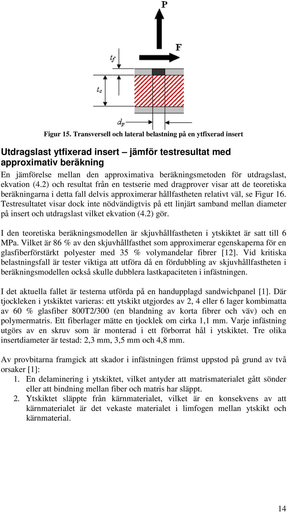 ekvation (4.) och resultat rån en testserie med dragrover visar att de teoretiska beräkningarna i detta all delvis aroximerar hållastheten relativt väl, se Figur 16.