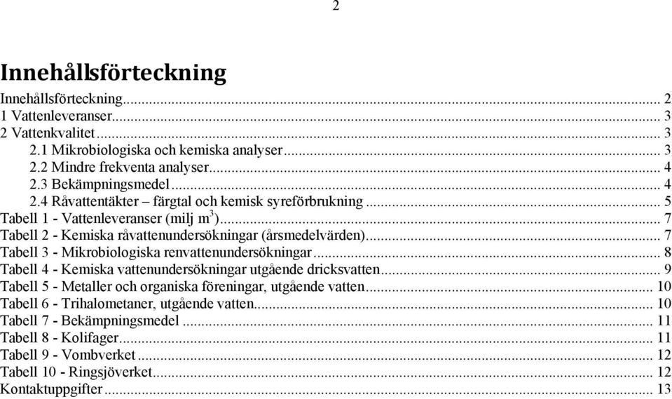 .. 7 Tabell 3 - Mikrobiologiska renvattenundersökningar... 8 Tabell 4 - Kemiska vattenundersökningar utgående dricksvatten... 9 Tabell 5 - Metaller och organiska föreningar, utgående vatten.