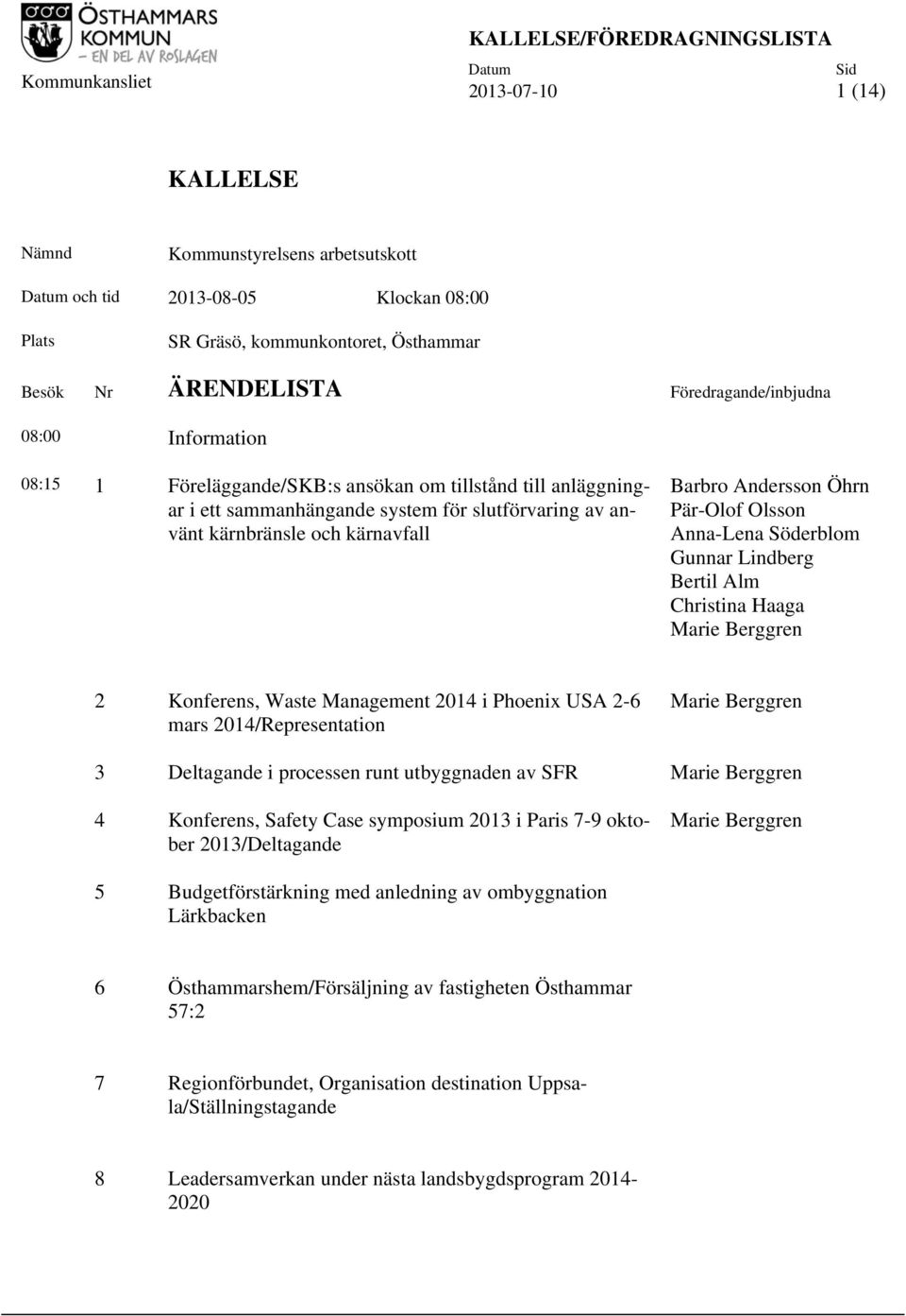 Söderblom Gunnar Lindberg Bertil Alm Christina Haaga Marie Berggren 2 Konferens, Waste Management 2014 i Phoenix USA 2-6 mars 2014/Representation Marie Berggren 3 Deltagande i processen runt