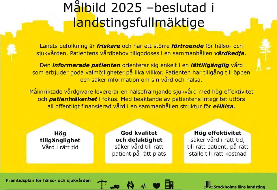 Patienten har tillgång till öppen och säker information om sin vård och hälsa. Målinriktade vårdgivare levererar en hälsofrämjande sjukvård med hög effektivitet och patientsäkerhet i fokus.