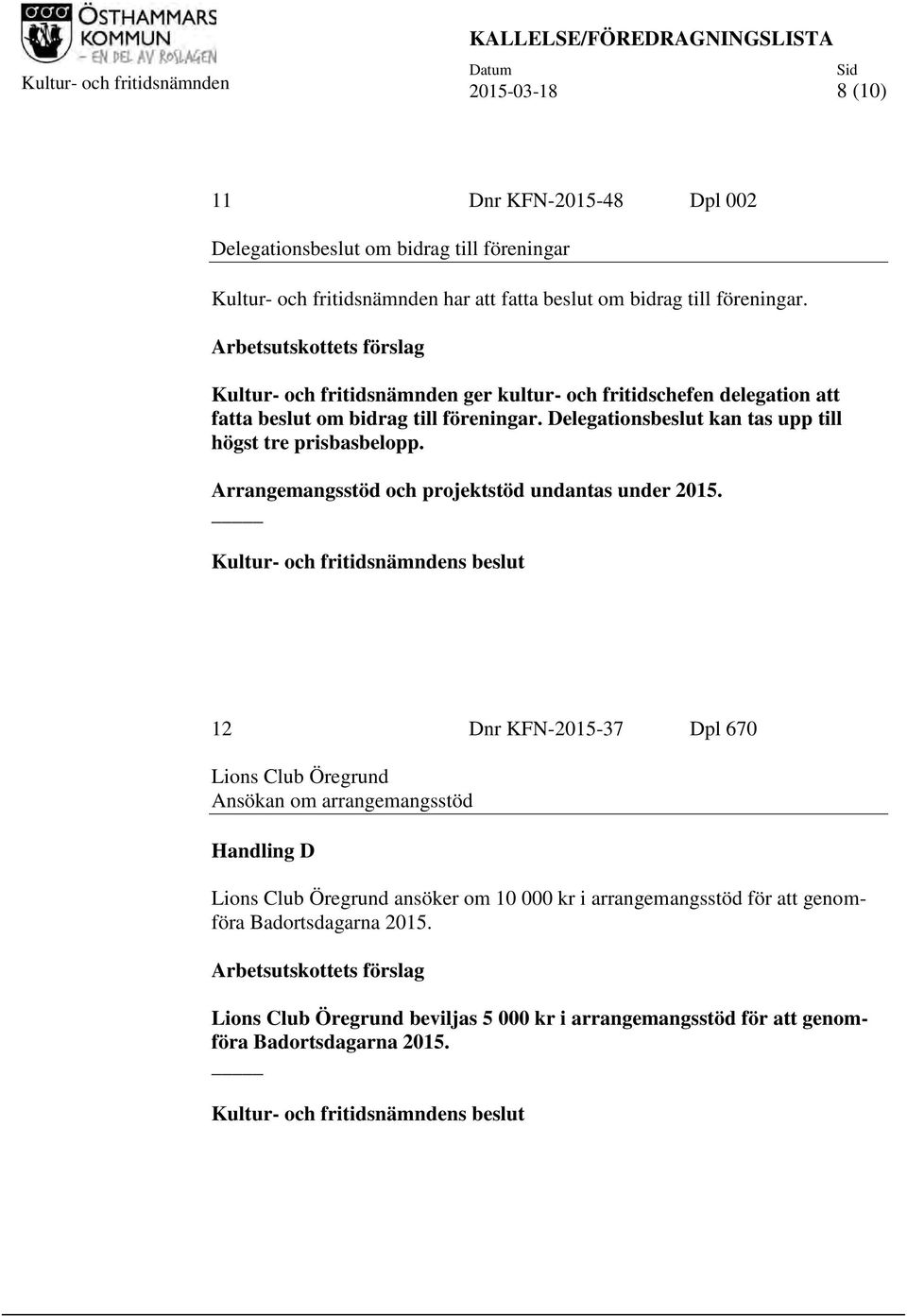 Delegationsbeslut kan tas upp till högst tre prisbasbelopp. Arrangemangsstöd och projektstöd undantas under 2015.