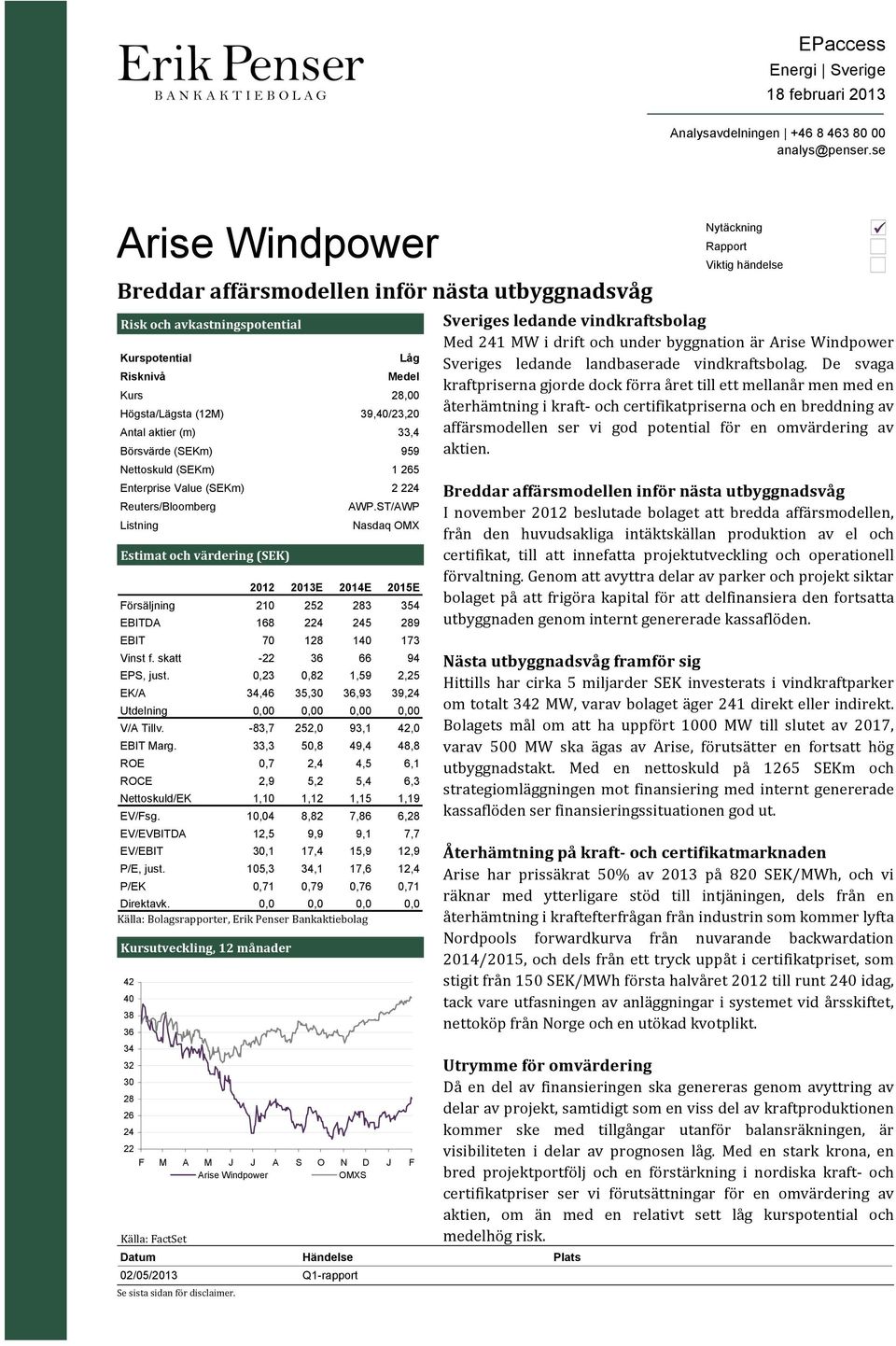 Medel Kurs 28, Högsta/Lägsta (12M) 39,4/23,2 Antal aktier (m) 33,4 Börsvärde (SEKm) 959 Nettoskuld (SEKm) 1 265 Enterprise Value (SEKm) 2 224 Reuters/Bloomberg Listning Estimat och värdering (SEK)