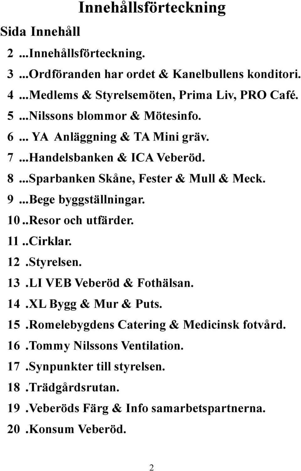 .. Bege byggställningar. 10.. Resor och utfärder. 11.. Cirklar. 12. Styrelsen. 13. LI VEB Veberöd & Fothälsan. 14. XL Bygg & Mur & Puts. 15.