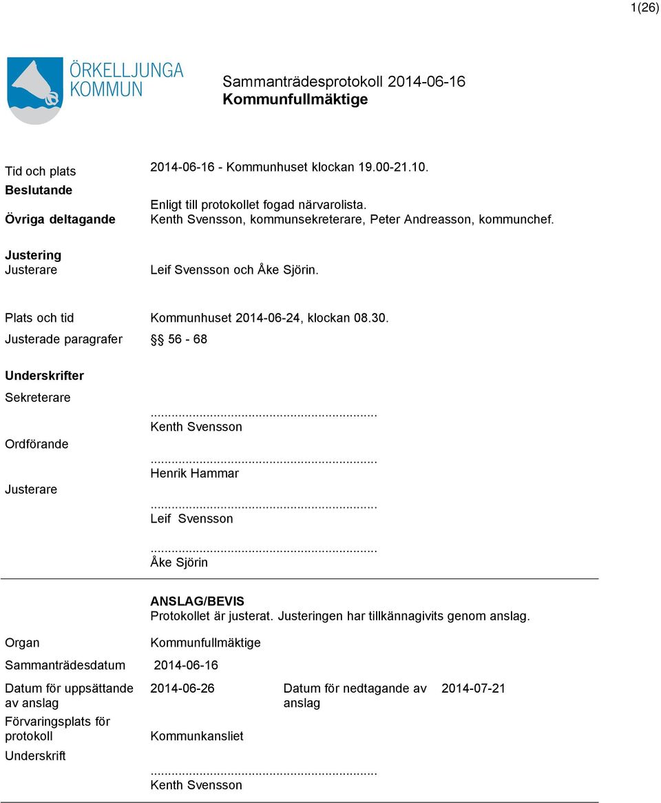 30. Justerade paragrafer 56-68 Underskrifter Sekreterare Ordförande Justerare... Kenth Svensson... Henrik Hammar... Leif Svensson... Åke Sjörin ANSLAG/BEVIS Protokollet är justerat.