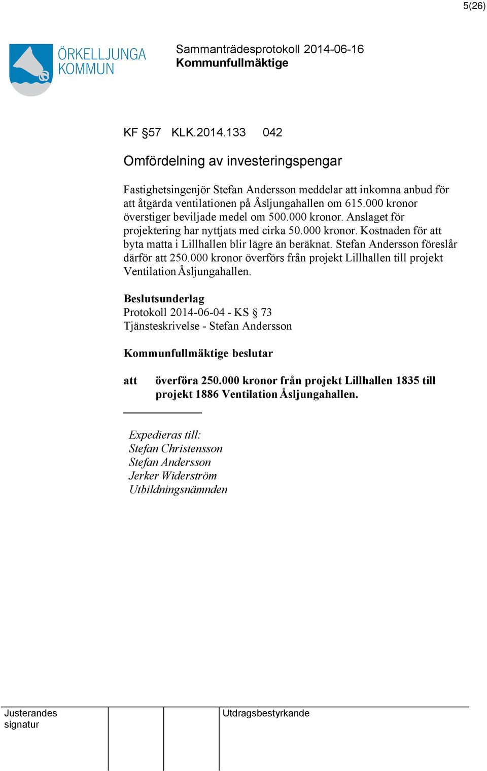 Stefan Andersson föreslår därför 250.000 kronor överförs från projekt Lillhallen till projekt Ventilation Åsljungahallen.