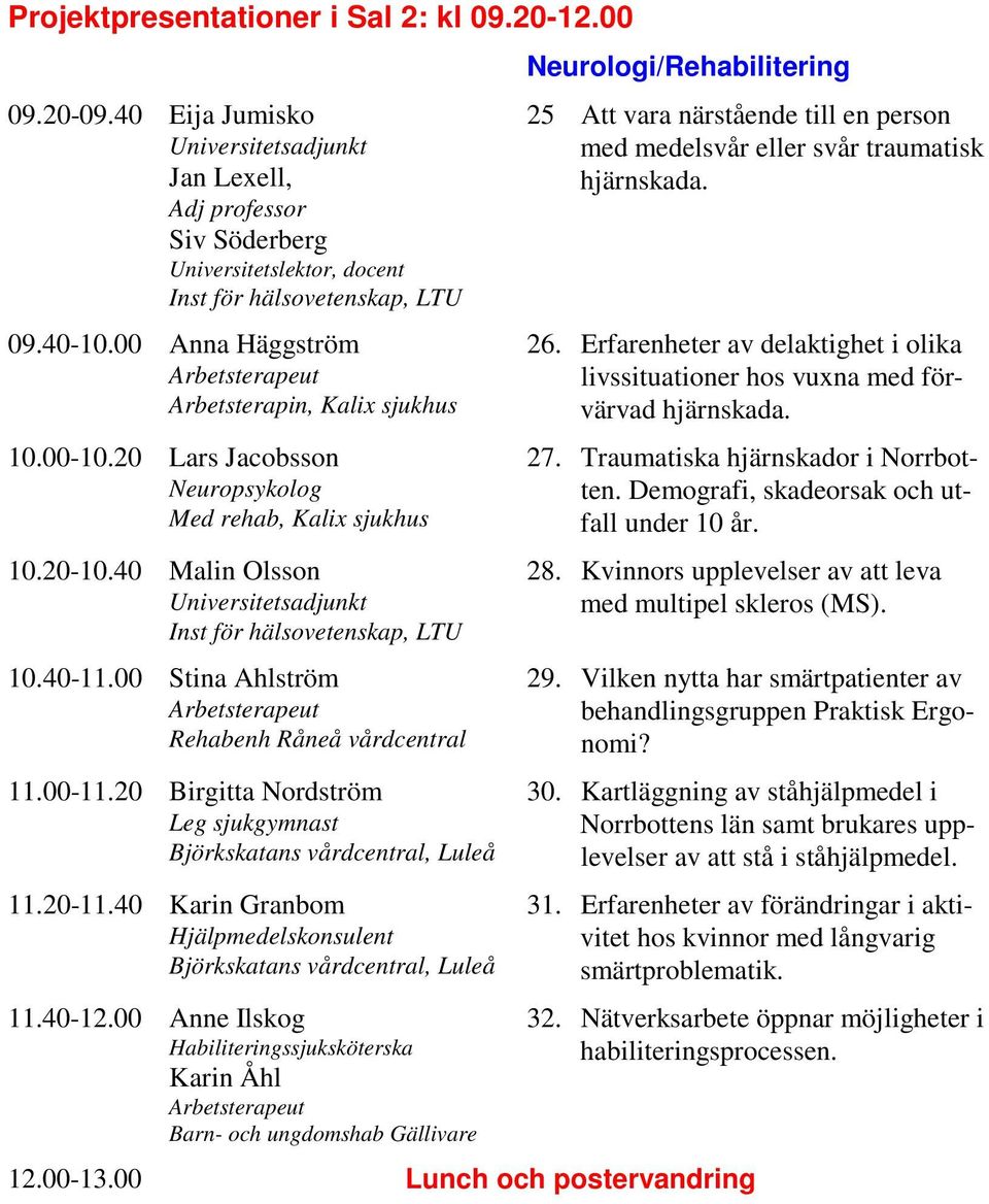 40 Malin Olsson Universitetsadjunkt Inst för hälsovetenskap, LTU 10.40-11.00 Stina Ahlström Arbetsterapeut Rehabenh Råneå vårdcentral 11.00-11.