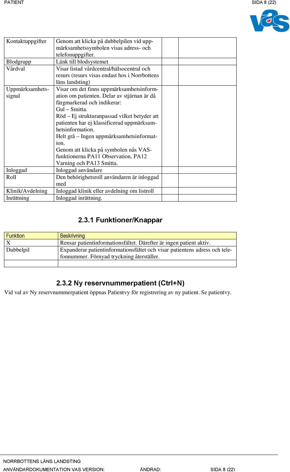 Länk till blodsystemet Visar listad vårdcentral/hälsocentral och resurs (resurs visas endast hos i Norrbottens läns landsting) Visar om det finns uppmärksamhetsinformation om patienten.