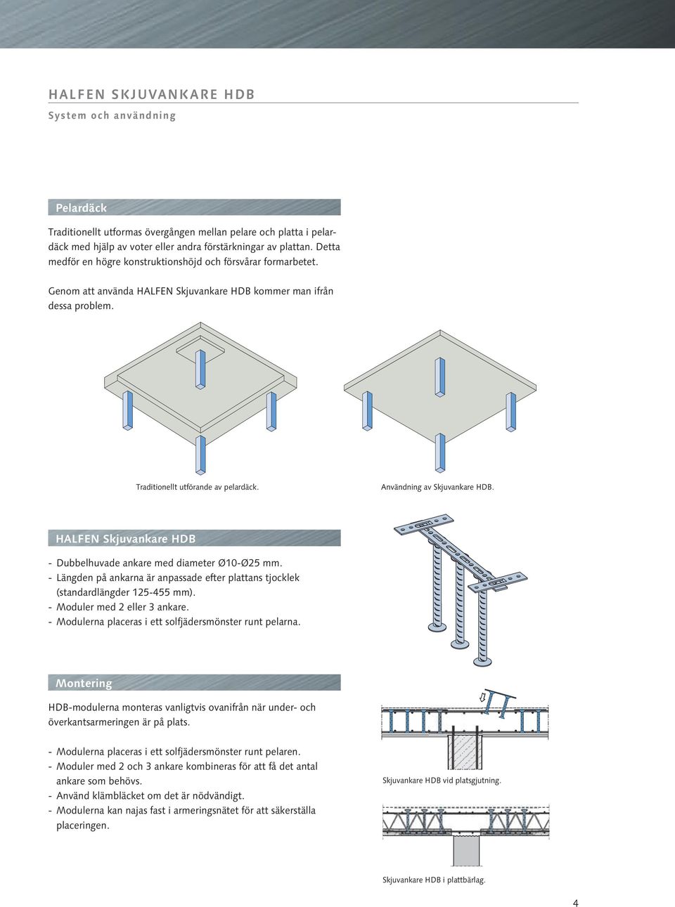 Användning av Skjuvankare HDB. HALFEN Skjuvankare HDB - Dubbelhuvade ankare med diameter Ø10-Ø25 mm. - Längden på ankarna är anpassade efter plattans tjocklek (standardlängder 125-455 mm).