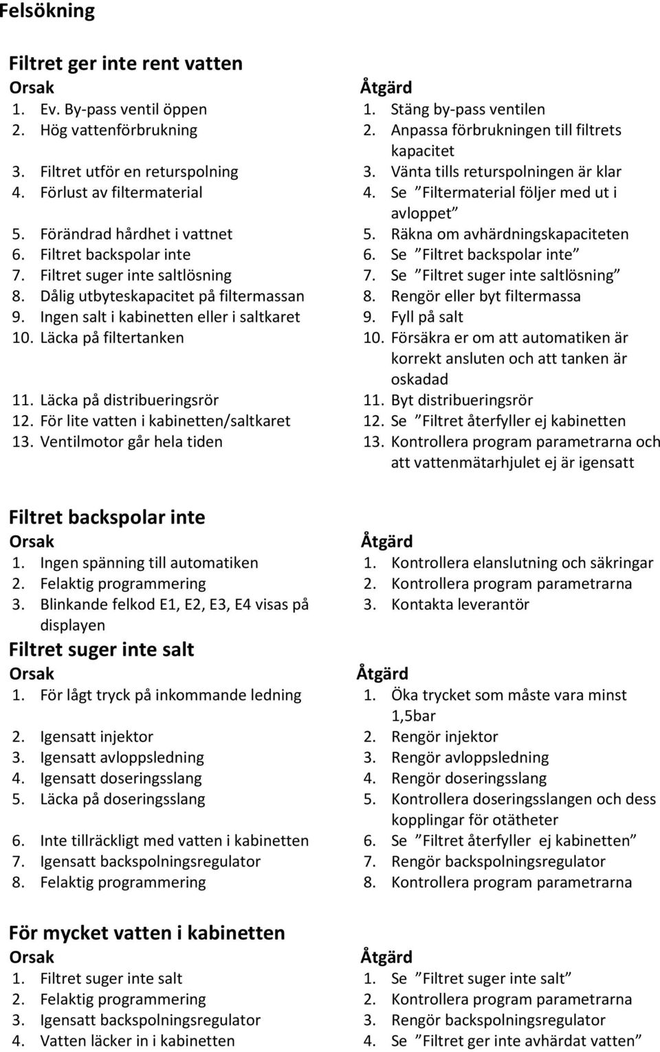 Räkna om avhärdningskapaciteten 6. Filtret backspolar inte 6. Se Filtret backspolar inte 7. Filtret suger inte saltlösning 7. Se Filtret suger inte saltlösning 8.