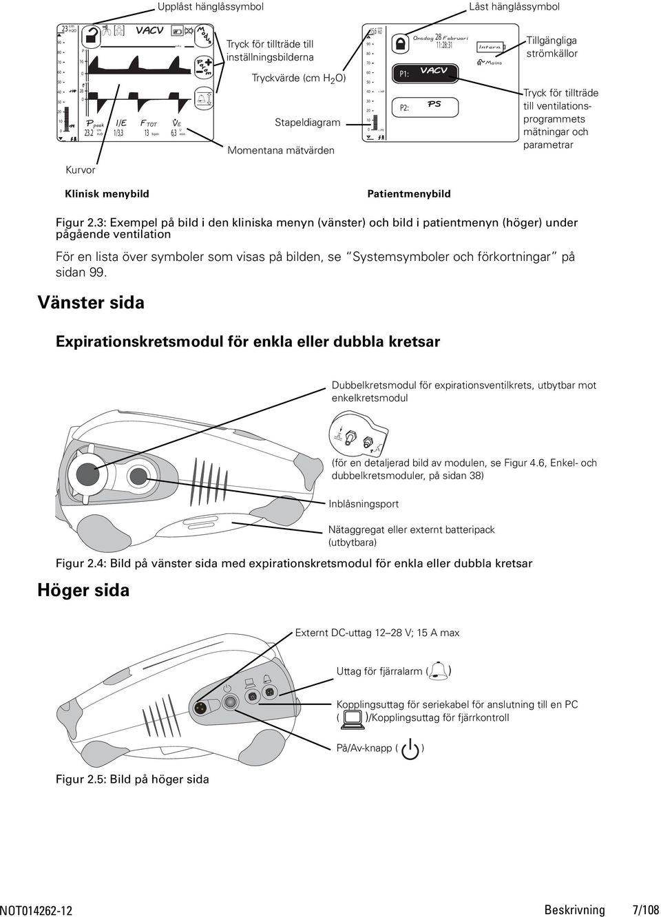 Februari 11: 28: 31 PS Intern. Mains Tillgängliga strömkällor Tryck för tillträde till ventilationsprogrammets mätningar och parametrar Kurvor Klinisk menybild Patientmenybild Figur 2.