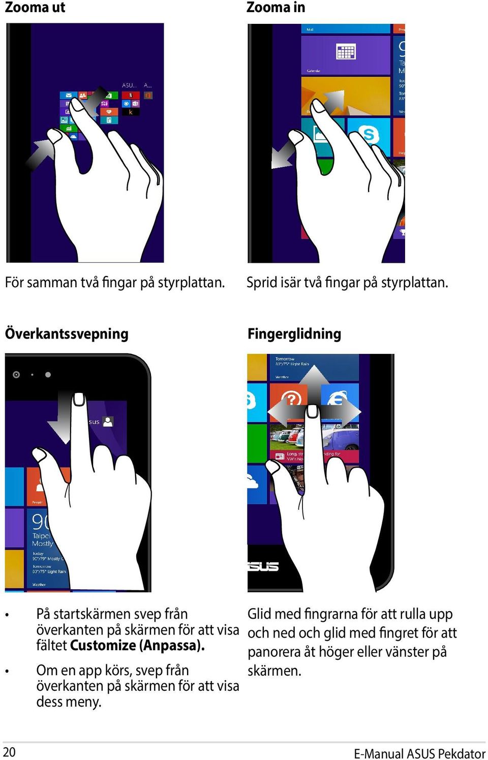 Customize (Anpassa). Om en app körs, svep från överkanten på skärmen för att visa dess meny.