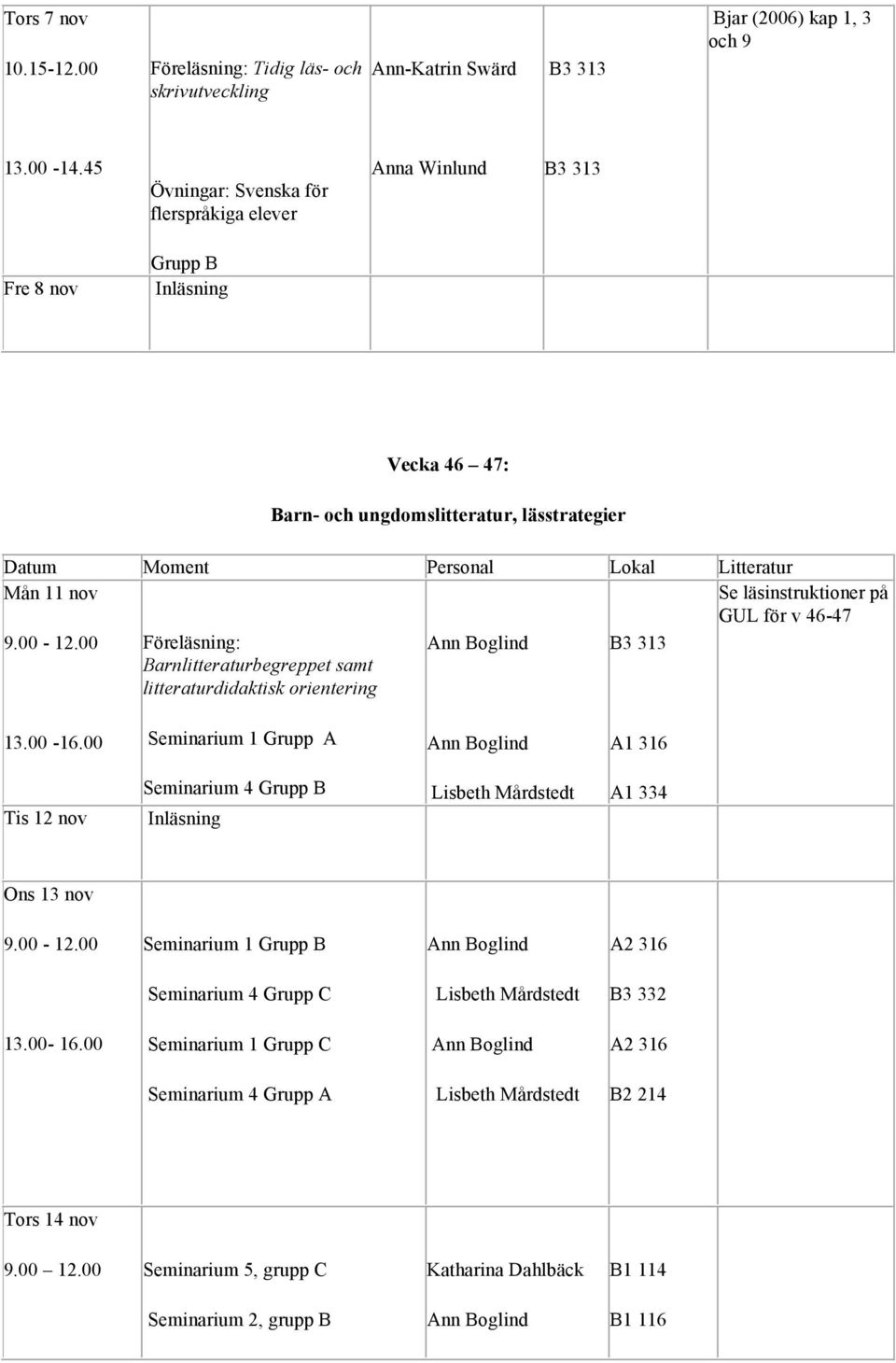 läsinstruktioner på GUL för v 46-47 Föreläsning: Barnlitteraturbegreppet samt litteraturdidaktisk orientering Seminarium 1 A1 316 Tis 12 nov Seminarium 4